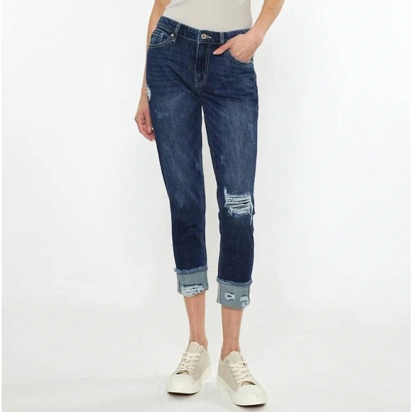KanCan Bernice High Rise Boyfriend Distressed Jeans Dark Wash - NWOT - Size 26 - Picture 1 of 8
